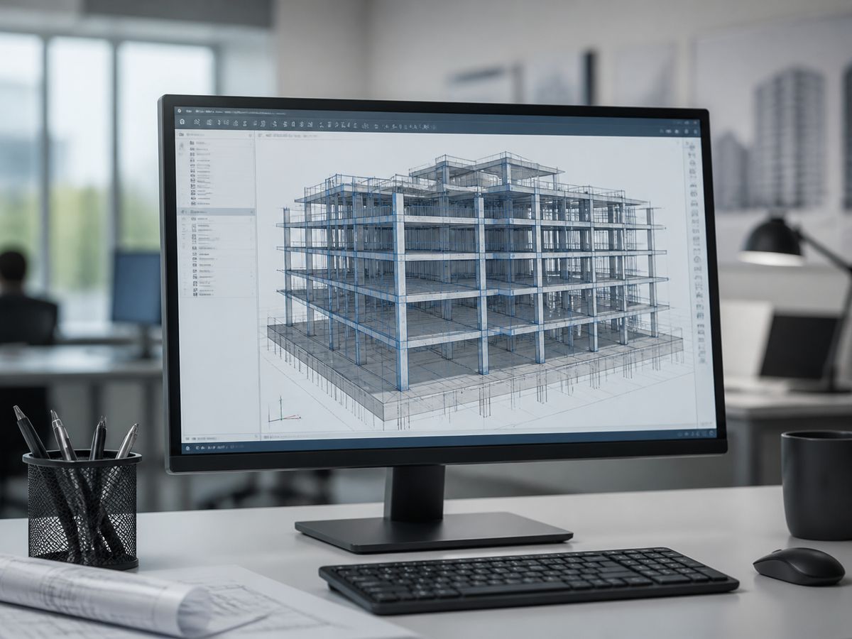 Tela de software com modelo estrutural 3D de um edifício em concreto armado